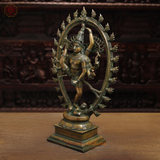 Brass Nataraj, Dancing Shiva, Antique Gold & Green Finish, 24.5"