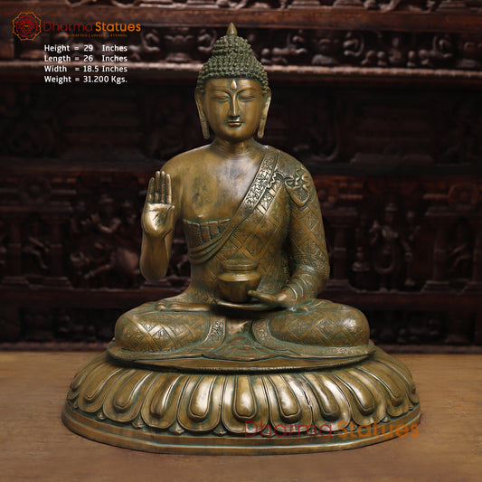Brass Buddha seated in Blessing Posture, Golden & Green Patina Finish, 29"