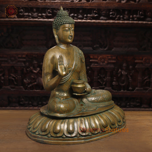 Brass Buddha seated in Blessing Posture, Golden & Green Patina Finish, 29"