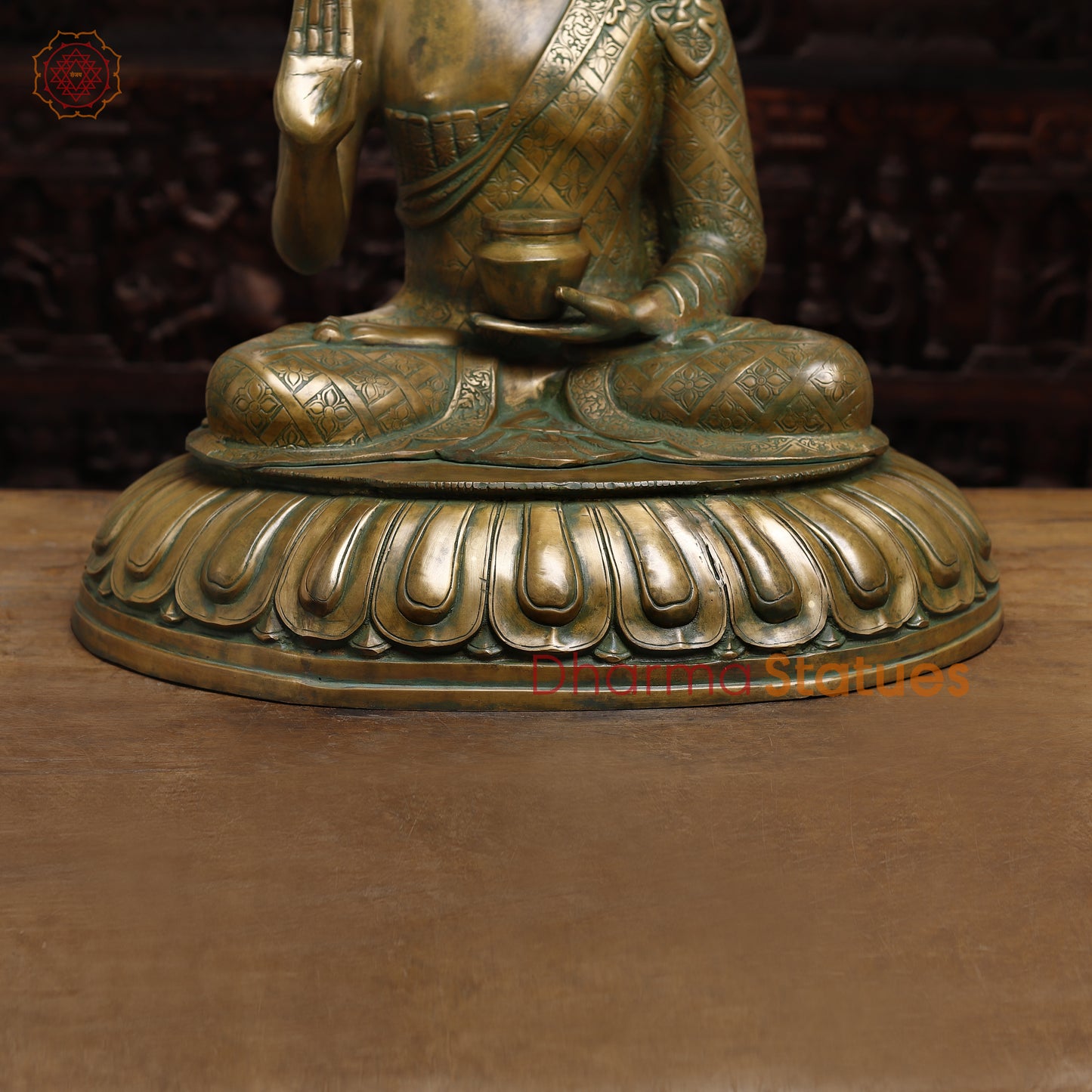 Brass Buddha seated in Blessing Posture, Golden & Green Patina Finish, 29"