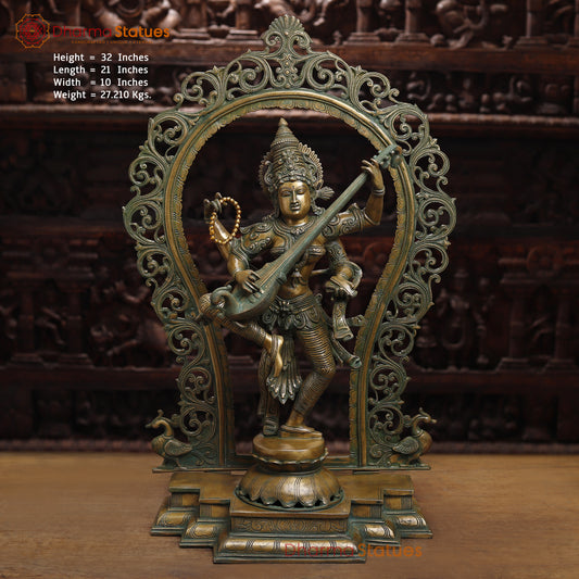 Brass Saraswati with Frame, Antique Golden & Green Finish, 32"
