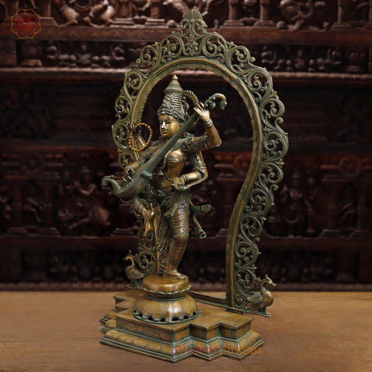 Brass Saraswati with Frame, Antique Golden & Green Finish, 32"