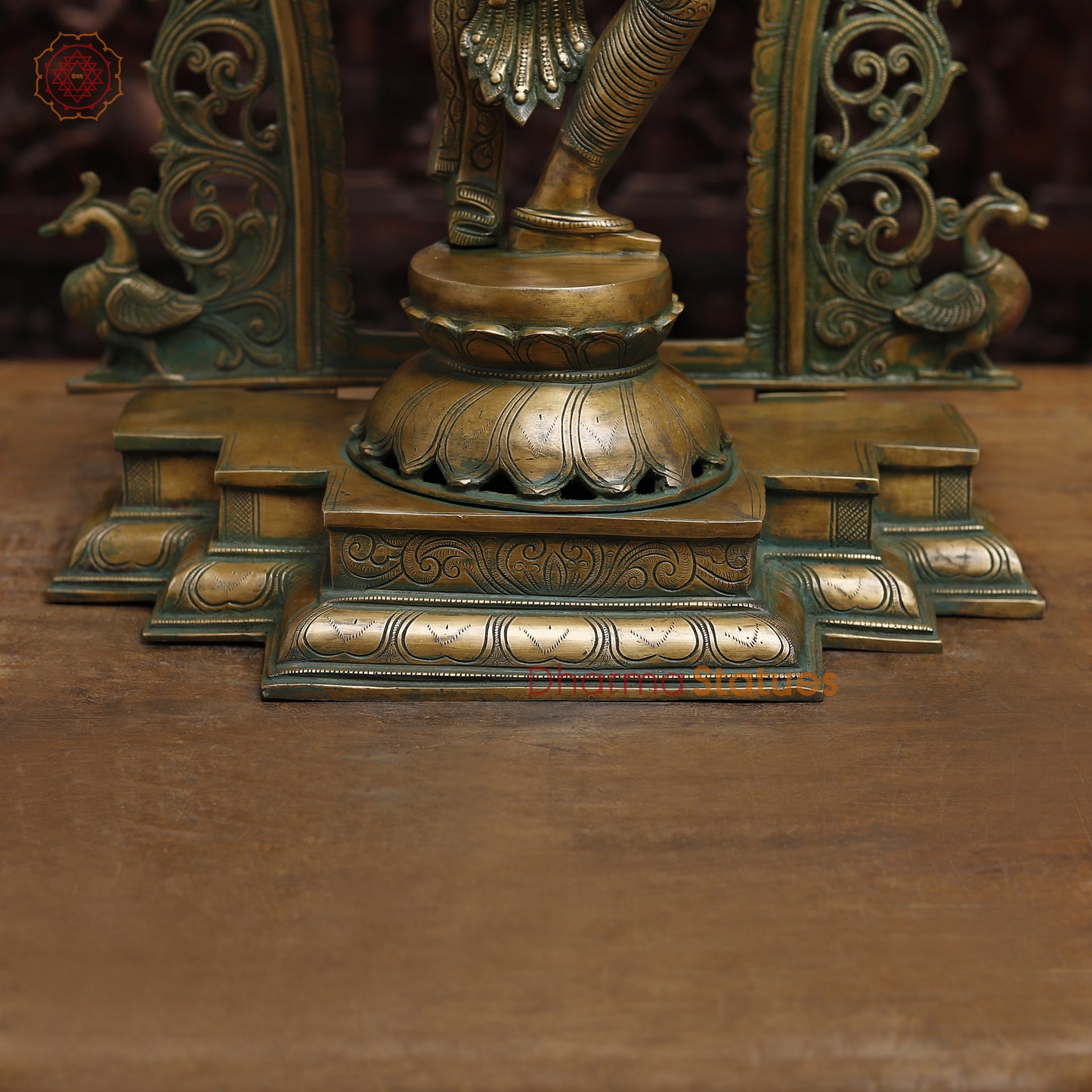 Brass Saraswati with Frame, Antique Golden & Green Finish, 32"