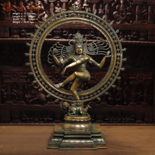 Brass Nataraj, Dancing Shiva, Antique Golden & Green Finish, 33.5"