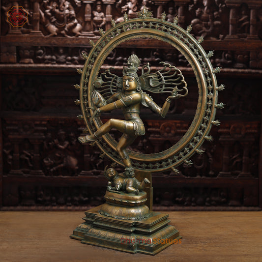 Brass Nataraj, Dancing Shiva, Antique Golden & Green Finish, 33.5"