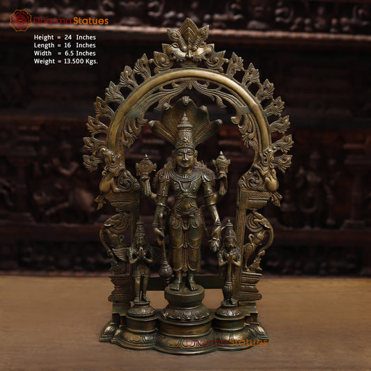 Brass Vishnu with Garuda and Hanuman, Antique Gold & Green Finish, 24"