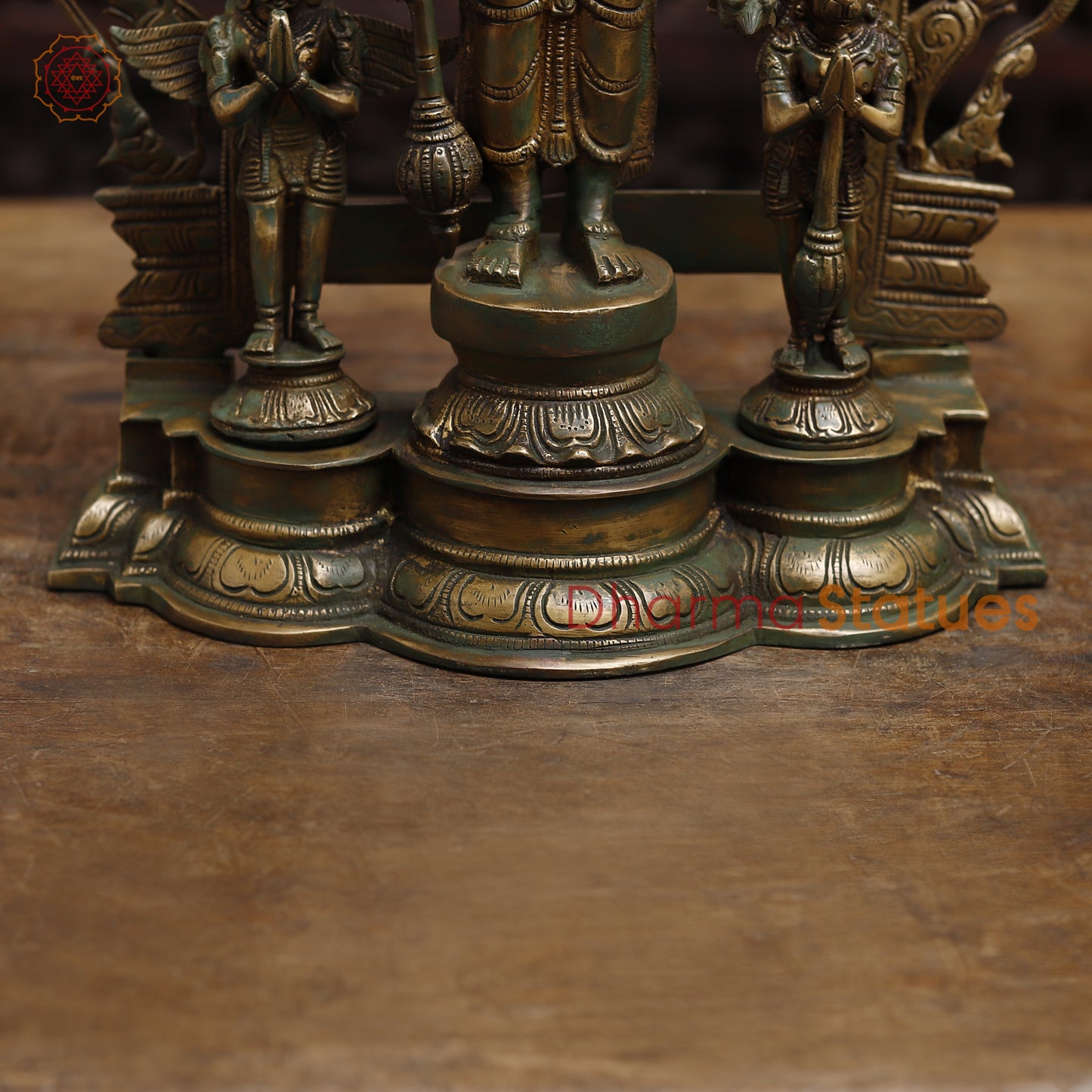 Brass Vishnu with Garuda and Hanuman, Antique Gold & Green Finish, 24"