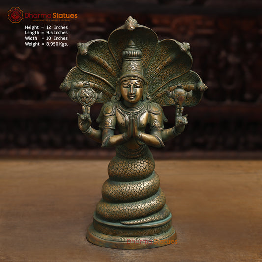 Brass Patanjali Statue, Antique Golden & Green Finish, 12"