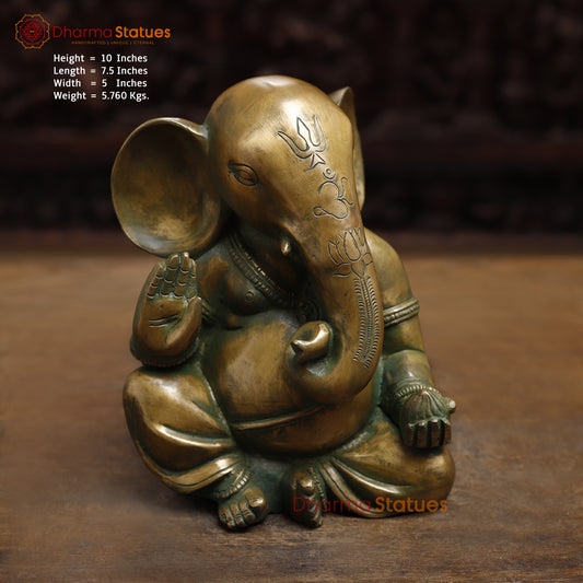 Brass Ganesh seated in Blessing Posture, Antique Golden & Green Finish, 10"