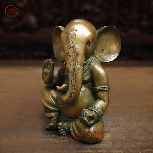 Brass Ganesh seated in Blessing Posture, Antique Golden & Green Finish, 10"
