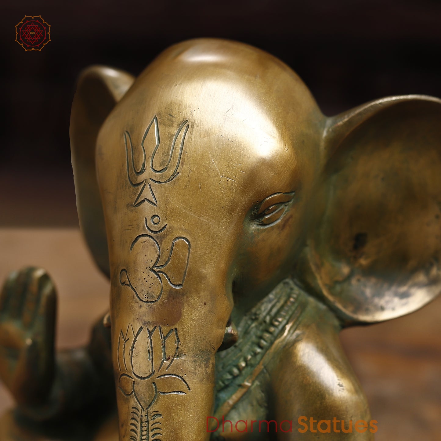 Brass Ganesh seated in Blessing Posture, Antique Golden & Green Finish, 10"