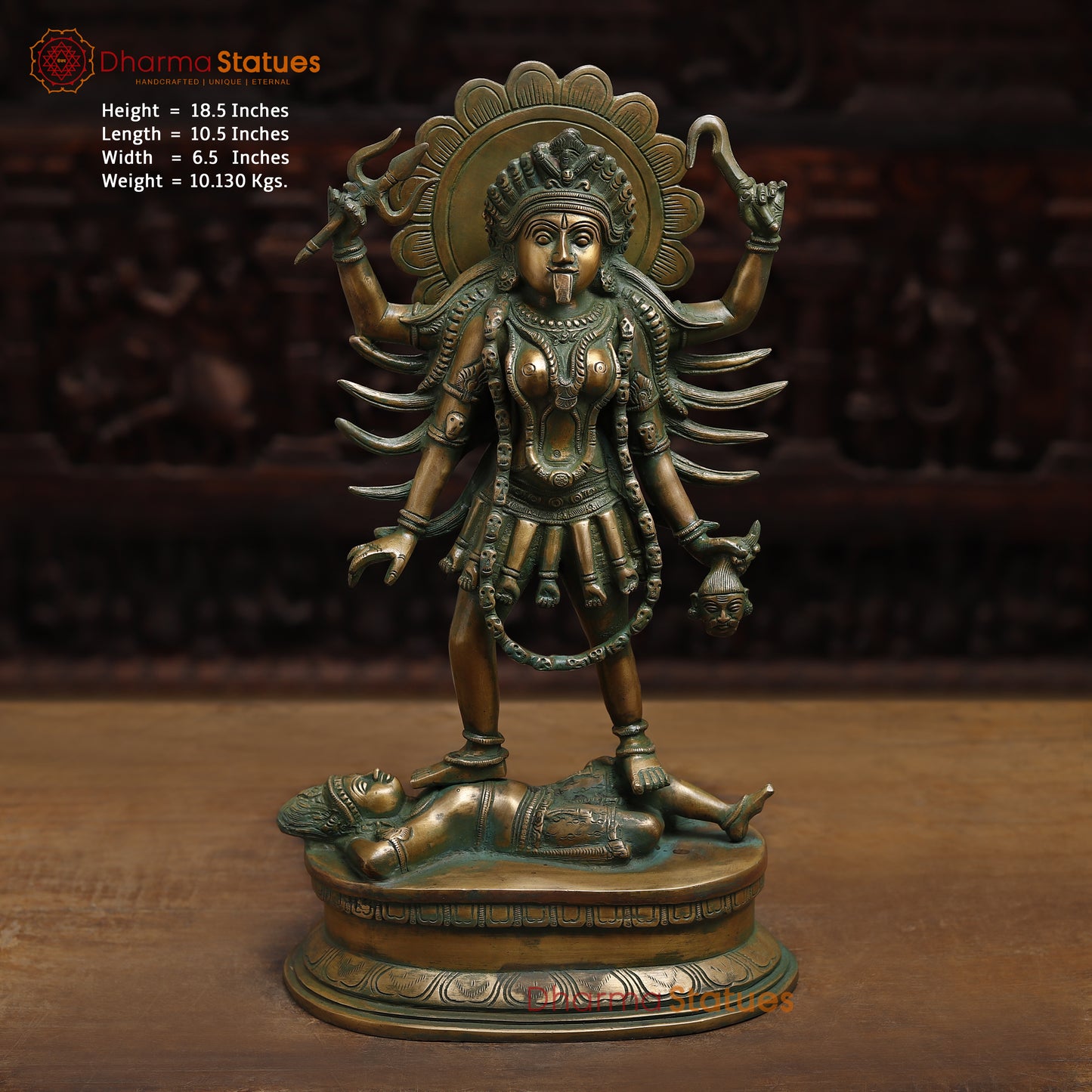 Brass Kali with 4-Arms, Antique Golden & Green Finish, 18.5"