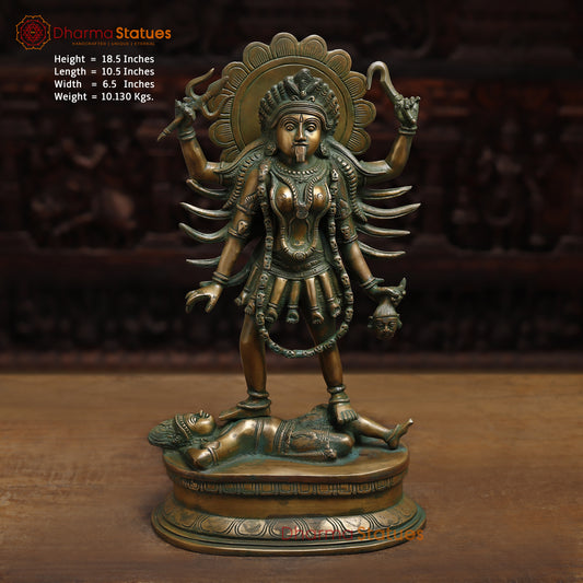 Brass Kali with 4-Arms, Antique Golden & Green Finish, 18.5"