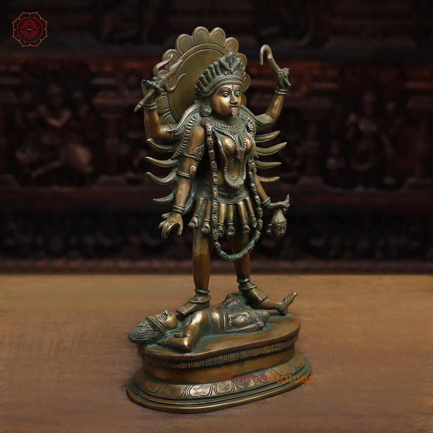 Brass Kali with 4-Arms, Antique Golden & Green Finish, 18.5"