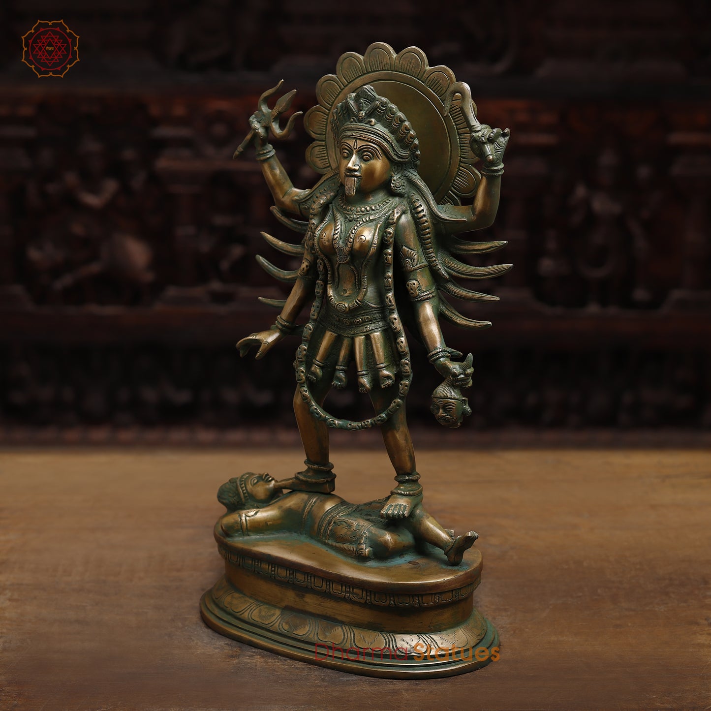 Brass Kali with 4-Arms, Antique Golden & Green Finish, 18.5"