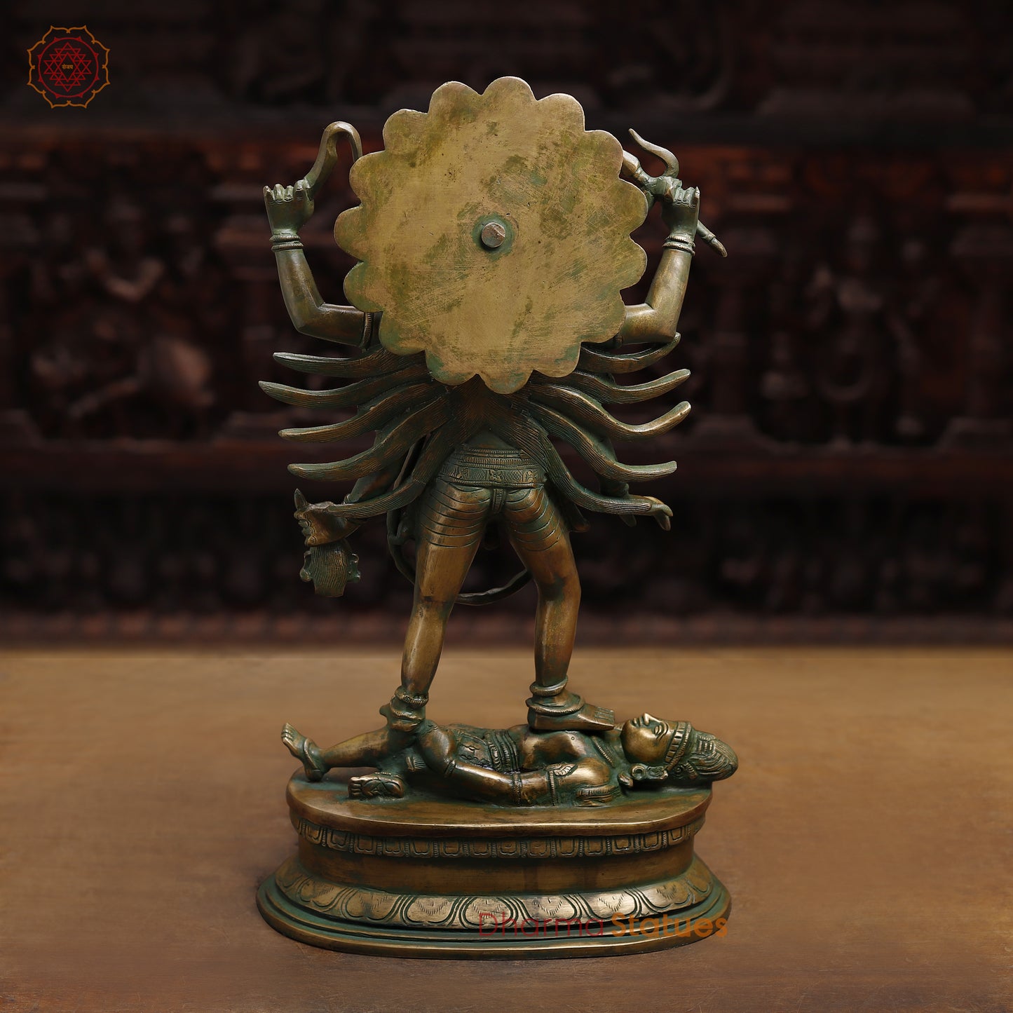 Brass Kali with 4-Arms, Antique Golden & Green Finish, 18.5"