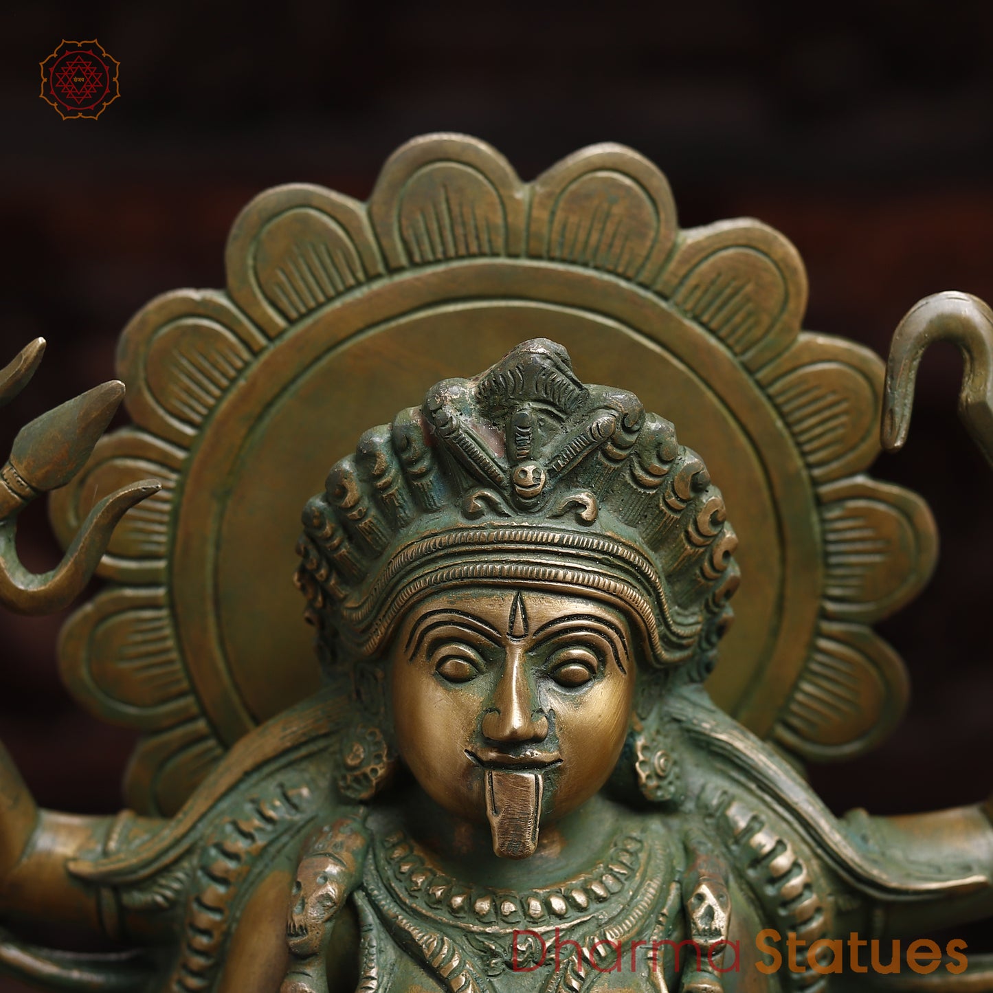 Brass Kali with 4-Arms, Antique Golden & Green Finish, 18.5"