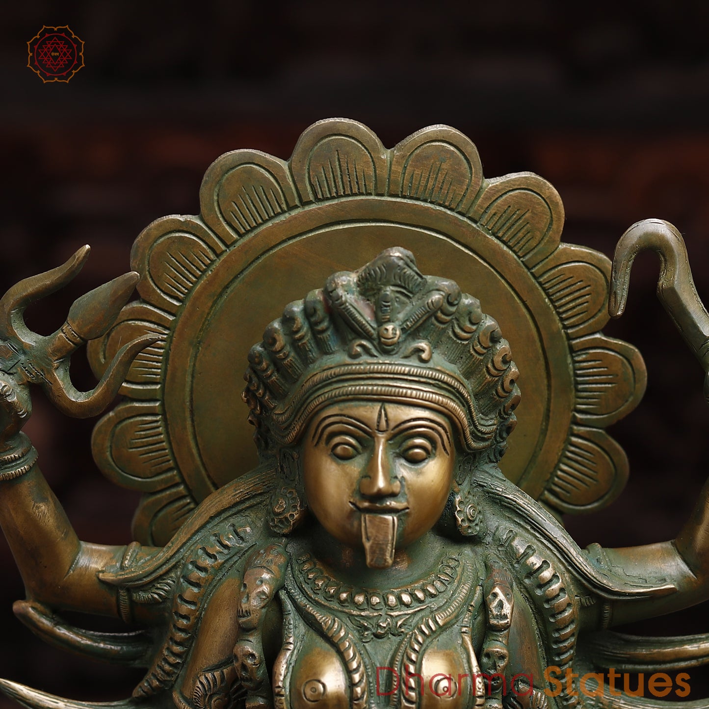 Brass Kali with 4-Arms, Antique Golden & Green Finish, 18.5"
