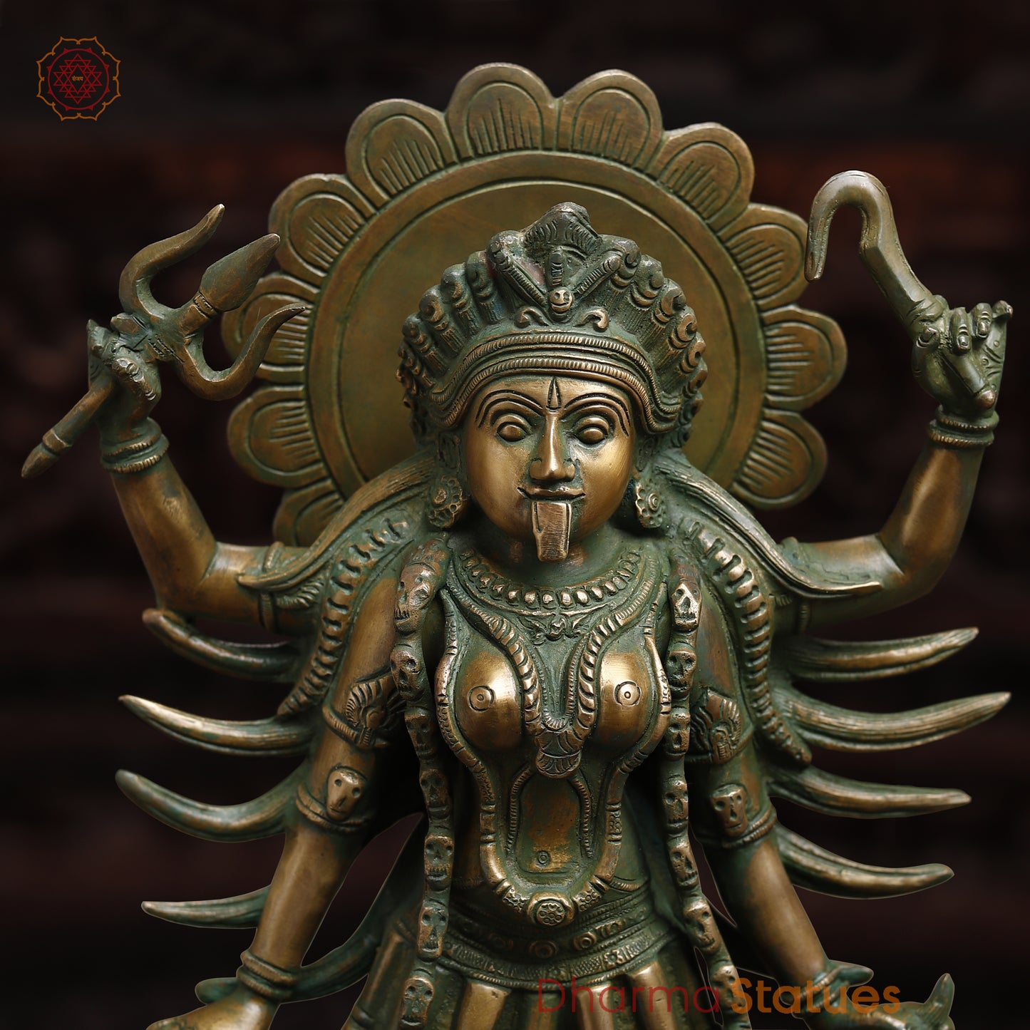 Brass Kali with 4-Arms, Antique Golden & Green Finish, 18.5"