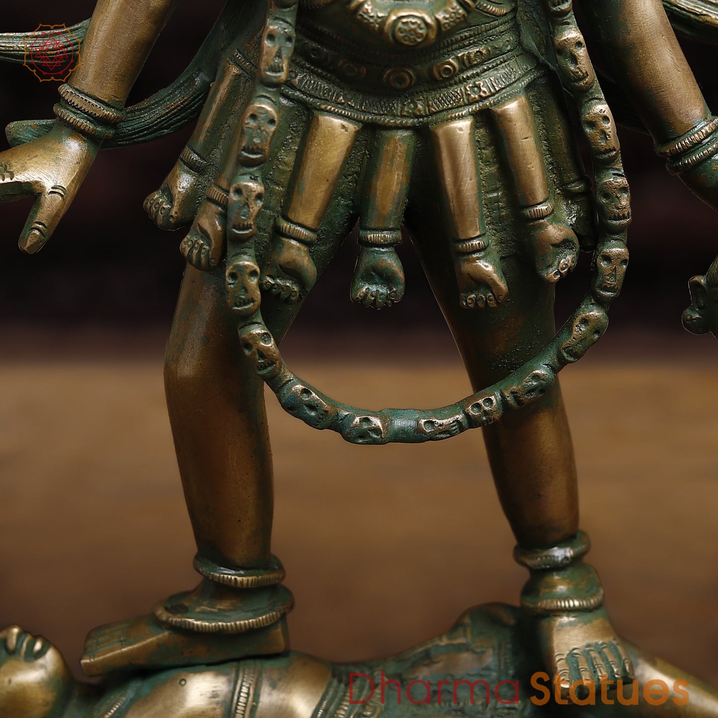 Brass Kali with 4-Arms, Antique Golden & Green Finish, 18.5"