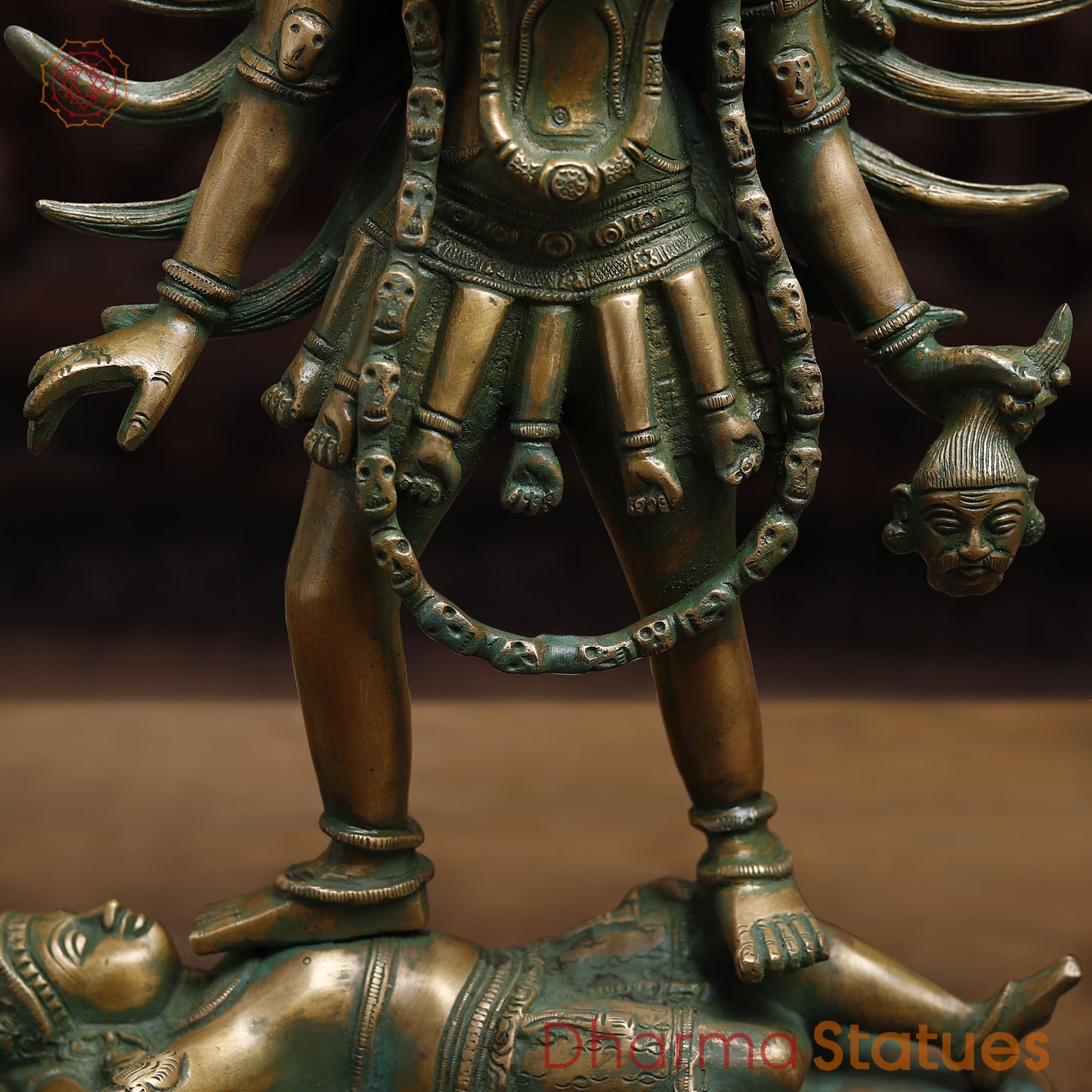 Brass Kali with 4-Arms, Antique Golden & Green Finish, 18.5"