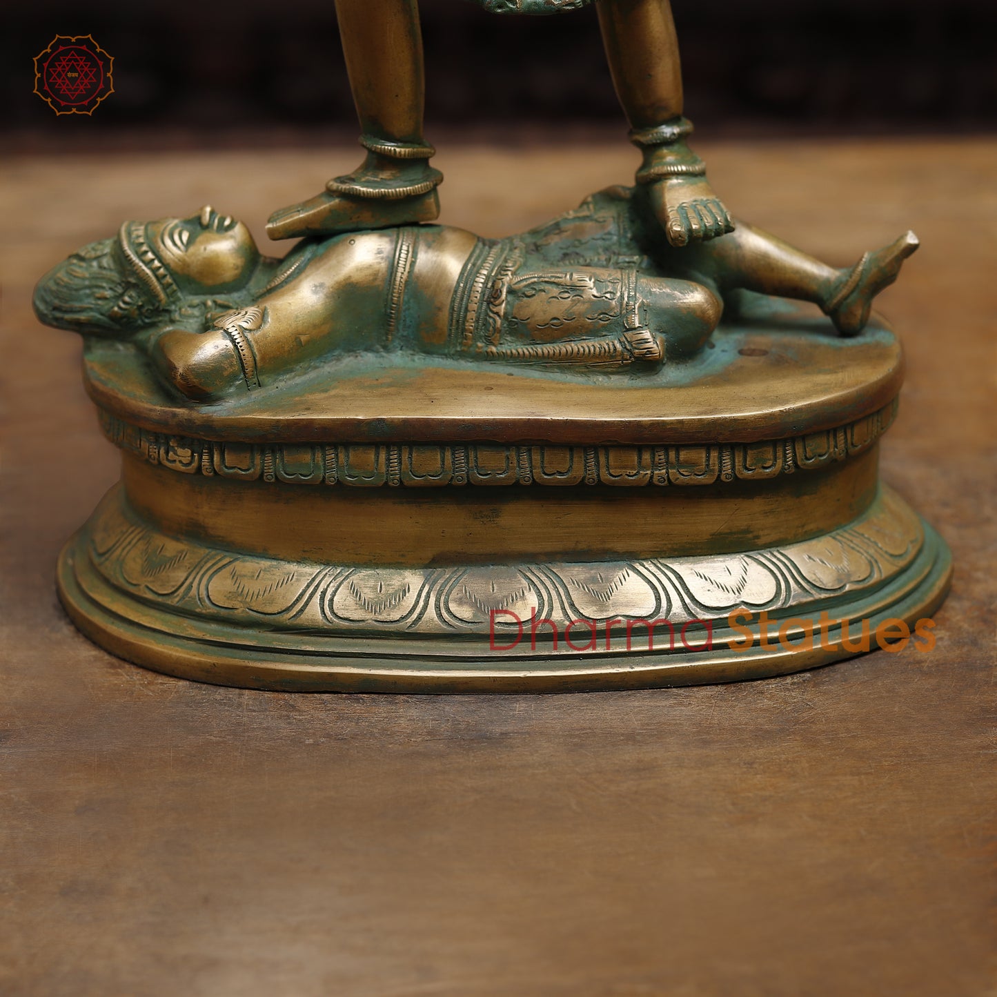 Brass Kali with 4-Arms, Antique Golden & Green Finish, 18.5"