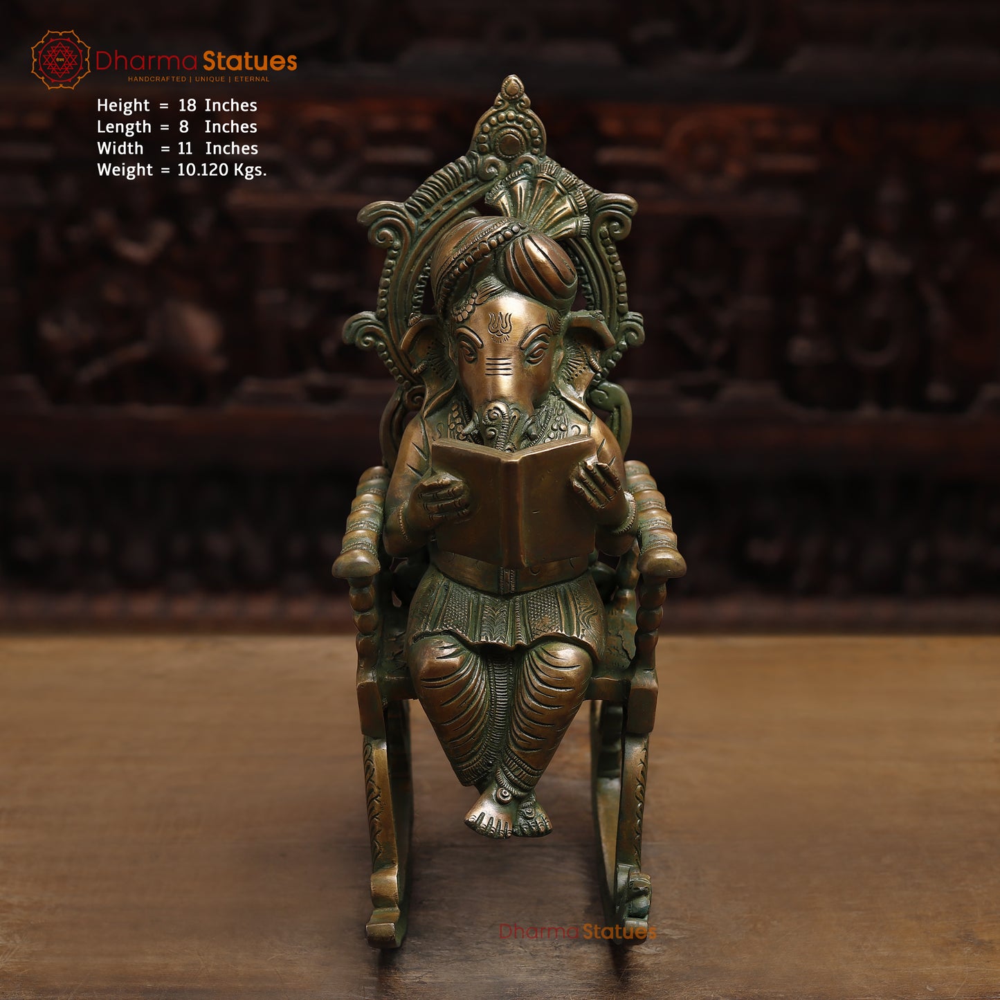 Brass Ganesh on Swinging Chair, Antique Golden Finish, 18"