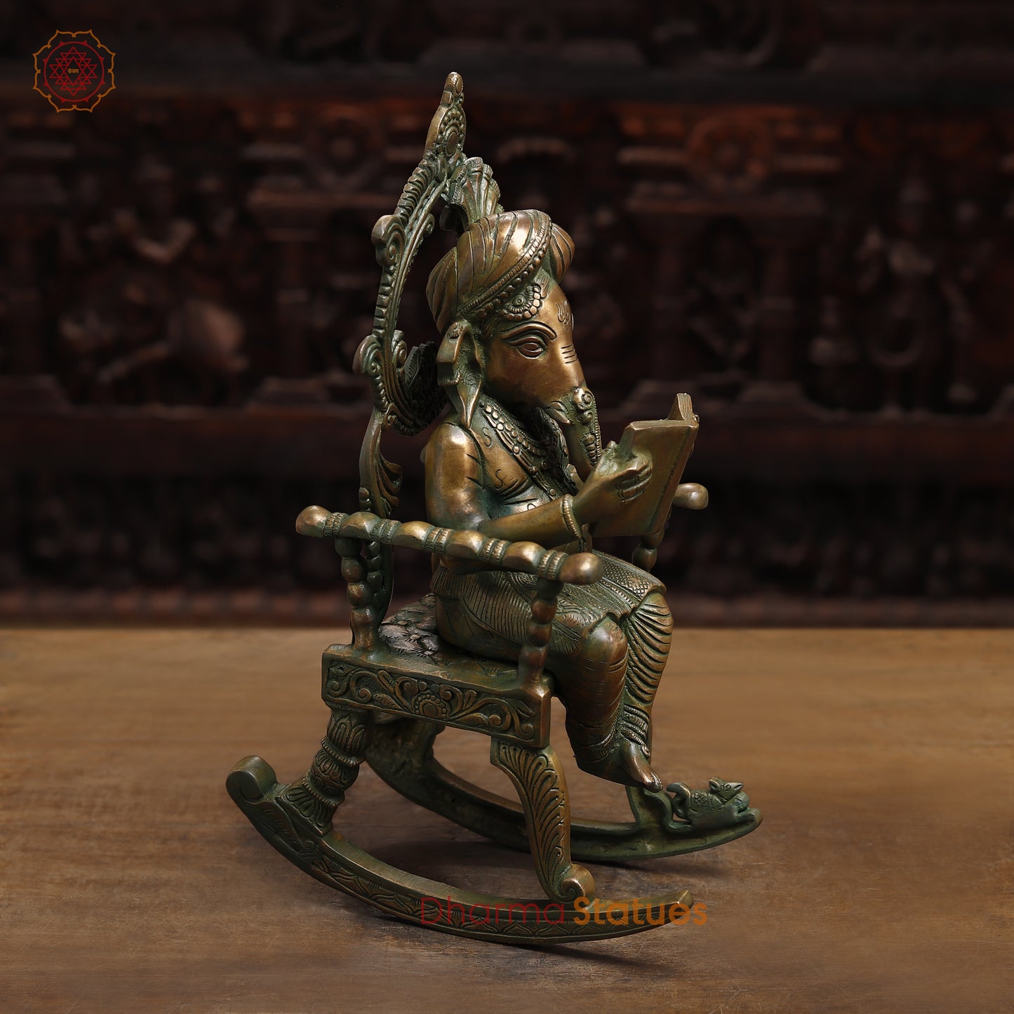 Brass Ganesh on Swinging Chair, Antique Golden Finish, 18"
