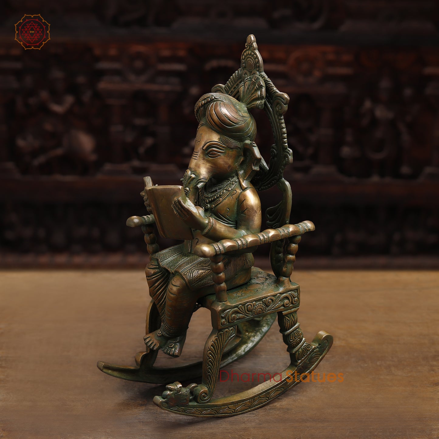 Brass Ganesh on Swinging Chair, Antique Golden Finish, 18"