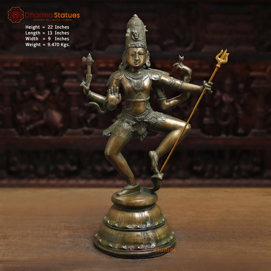 Brass Shiva Tandav, Antique Golden & Green Finish, 22"