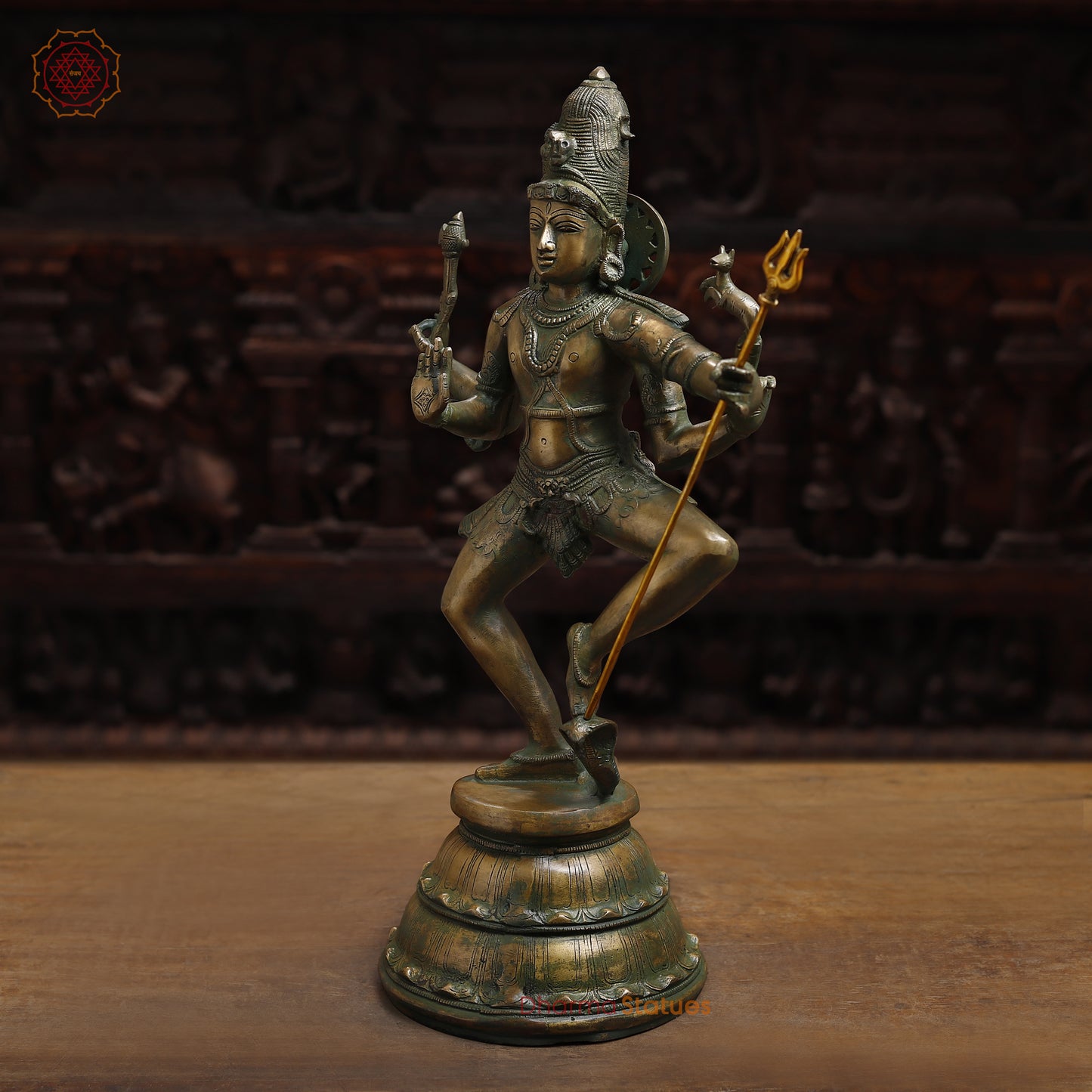 Brass Shiva Tandav, Antique Golden & Green Finish, 22"