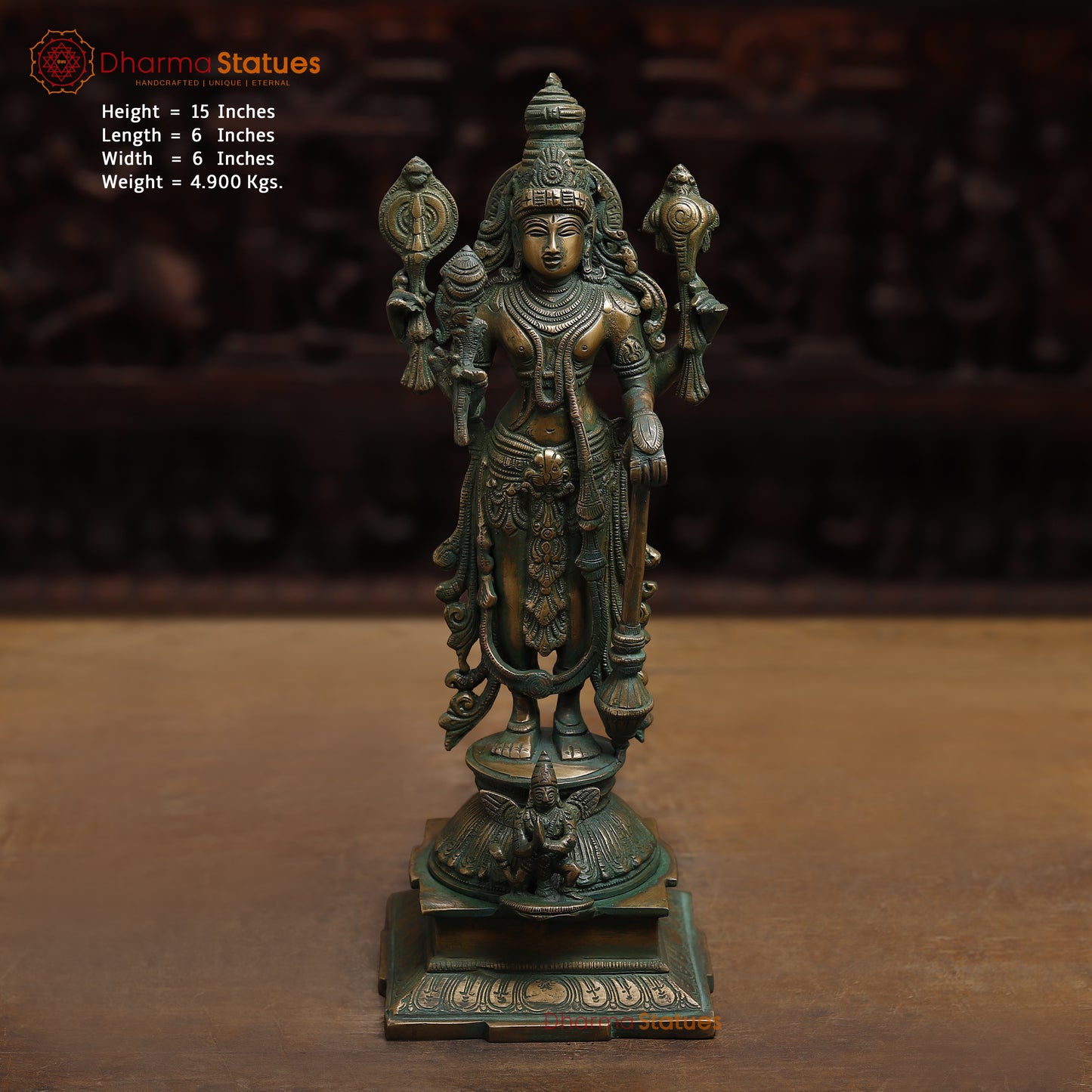 Brass Vishnu with Garuda, Antique Golden &  Green Finish, 15"