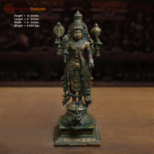 Brass Vishnu with Garuda, Antique Golden &  Green Finish, 15"