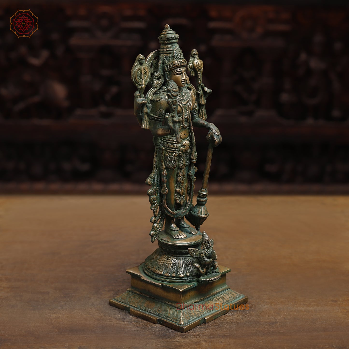 Brass Vishnu with Garuda, Antique Golden &  Green Finish, 15"