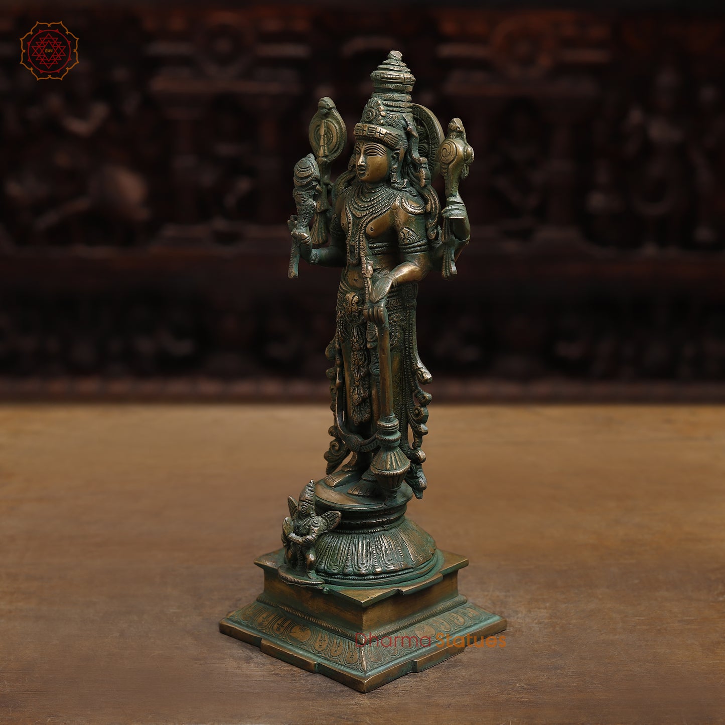 Brass Vishnu with Garuda, Antique Golden &  Green Finish, 15"