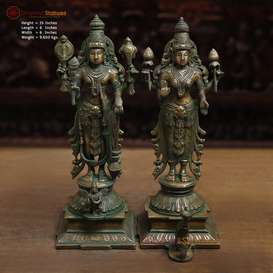 Brass Vishnu with Garuda & Lakshmi, Antique Golden & Green Finish, 15"