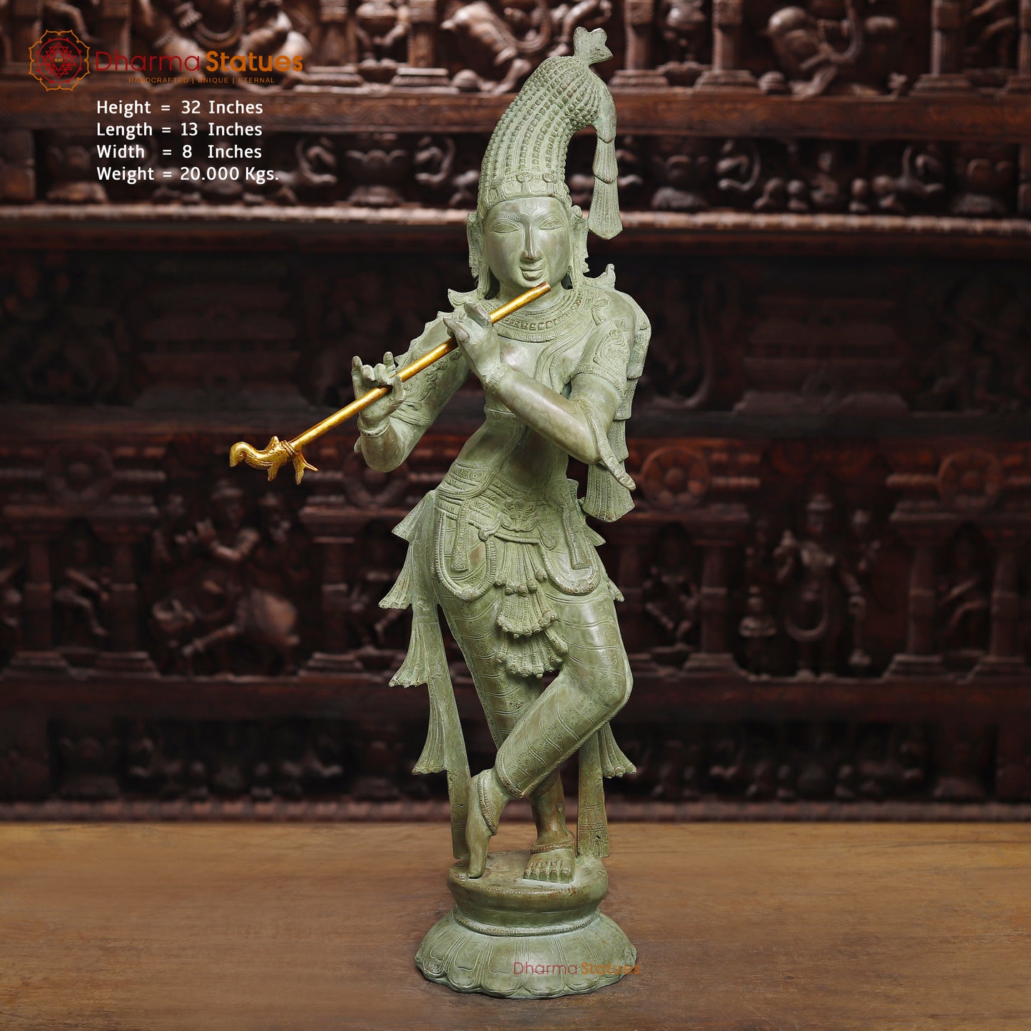 Brass Krishna Playing Flute, Antique Green Finish, 32"