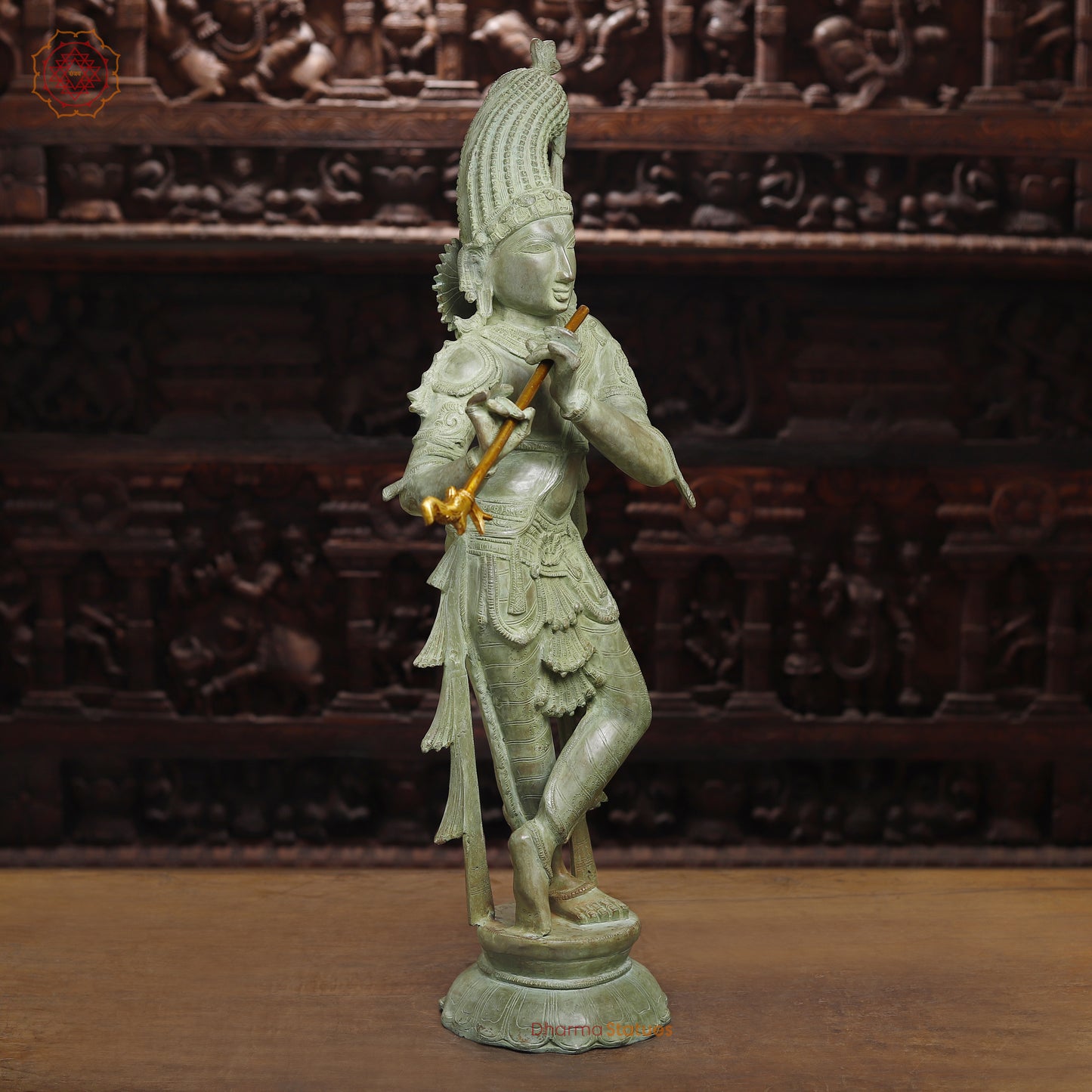 Brass Krishna Playing Flute, Antique Green Finish, 32"