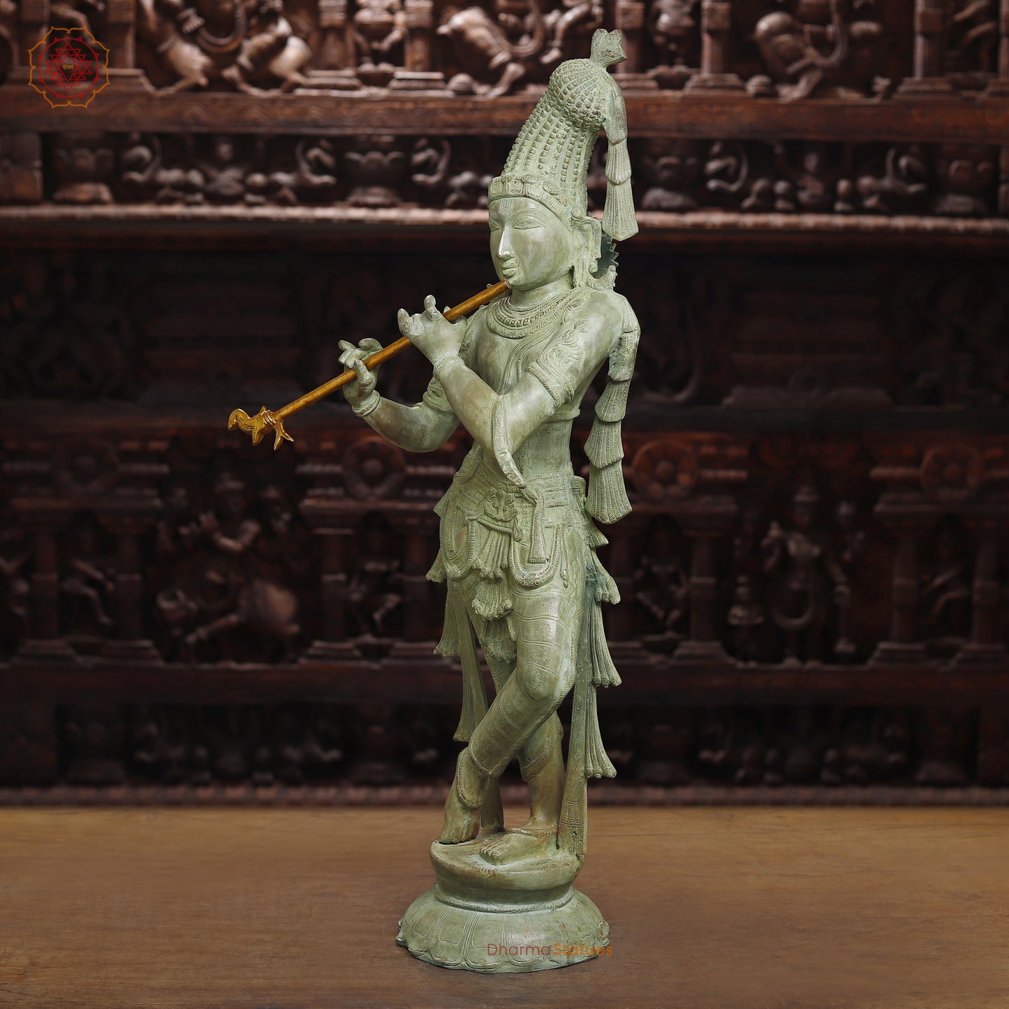 Brass Krishna Playing Flute, Antique Green Finish, 32"