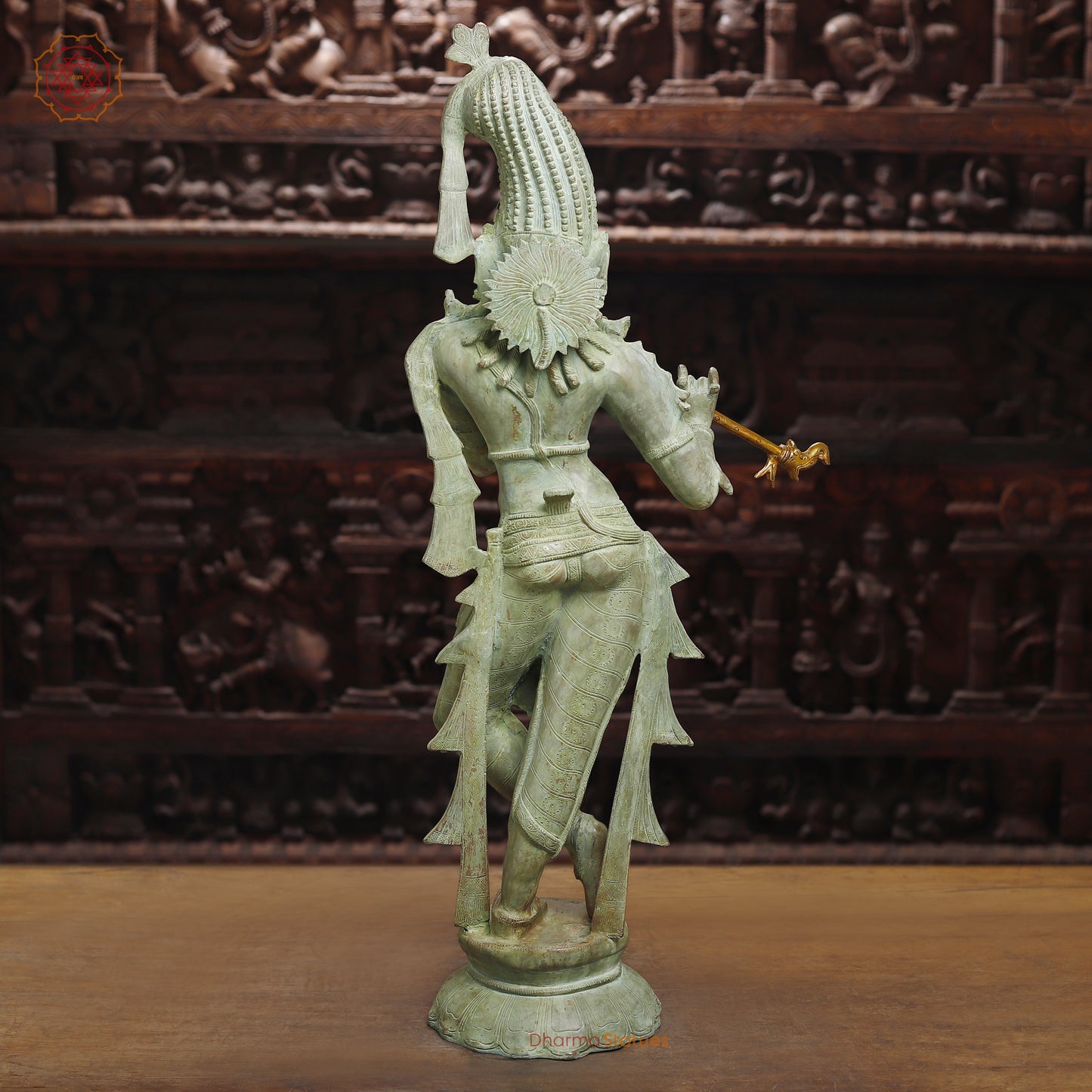 Brass Krishna Playing Flute, Antique Green Finish, 32"