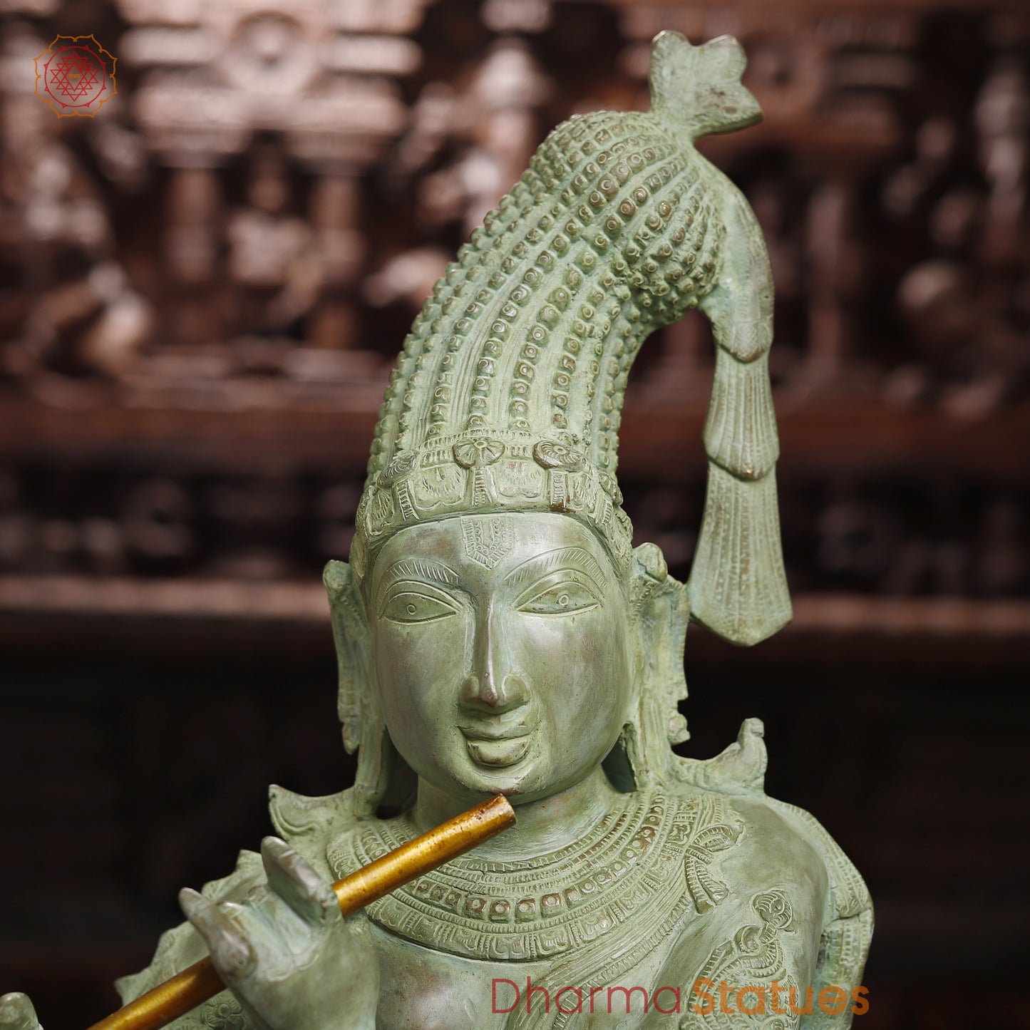 Brass Krishna Playing Flute, Antique Green Finish, 32"