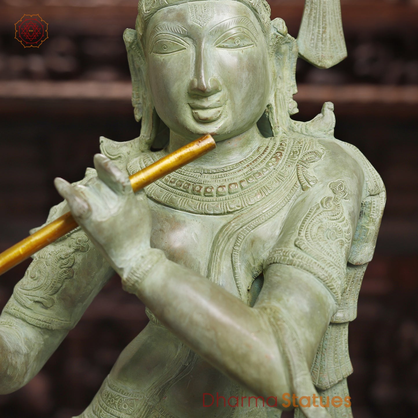 Brass Krishna Playing Flute, Antique Green Finish, 32"