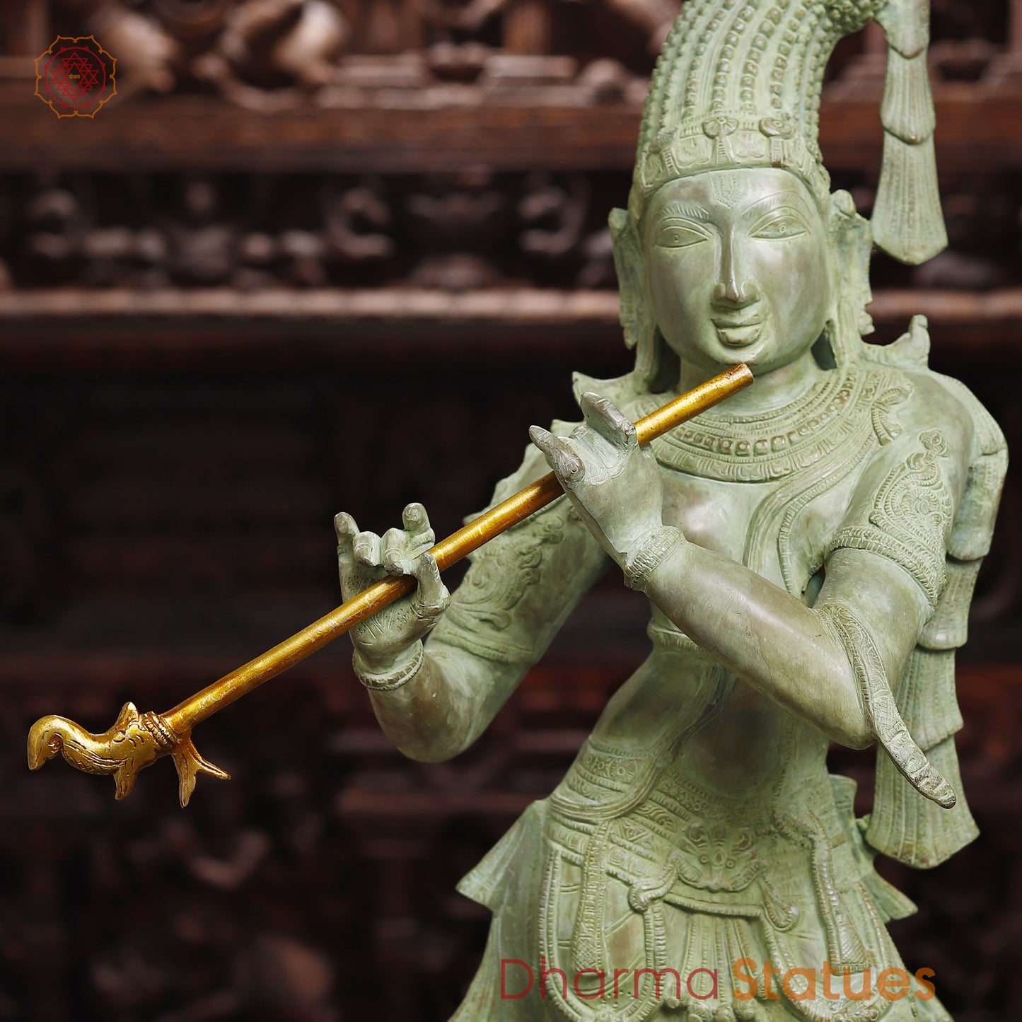 Brass Krishna Playing Flute, Antique Green Finish, 32"