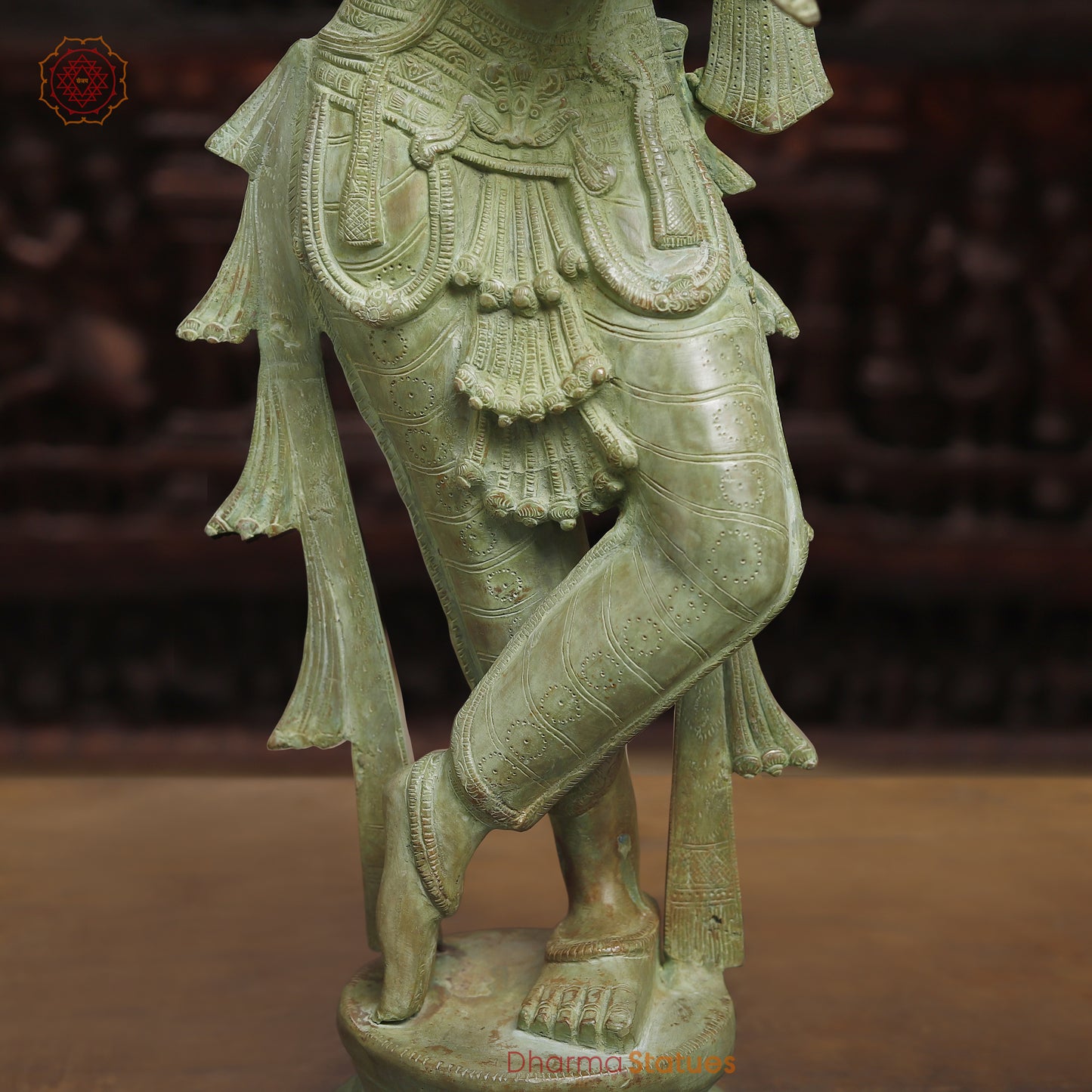 Brass Krishna Playing Flute, Antique Green Finish, 32"