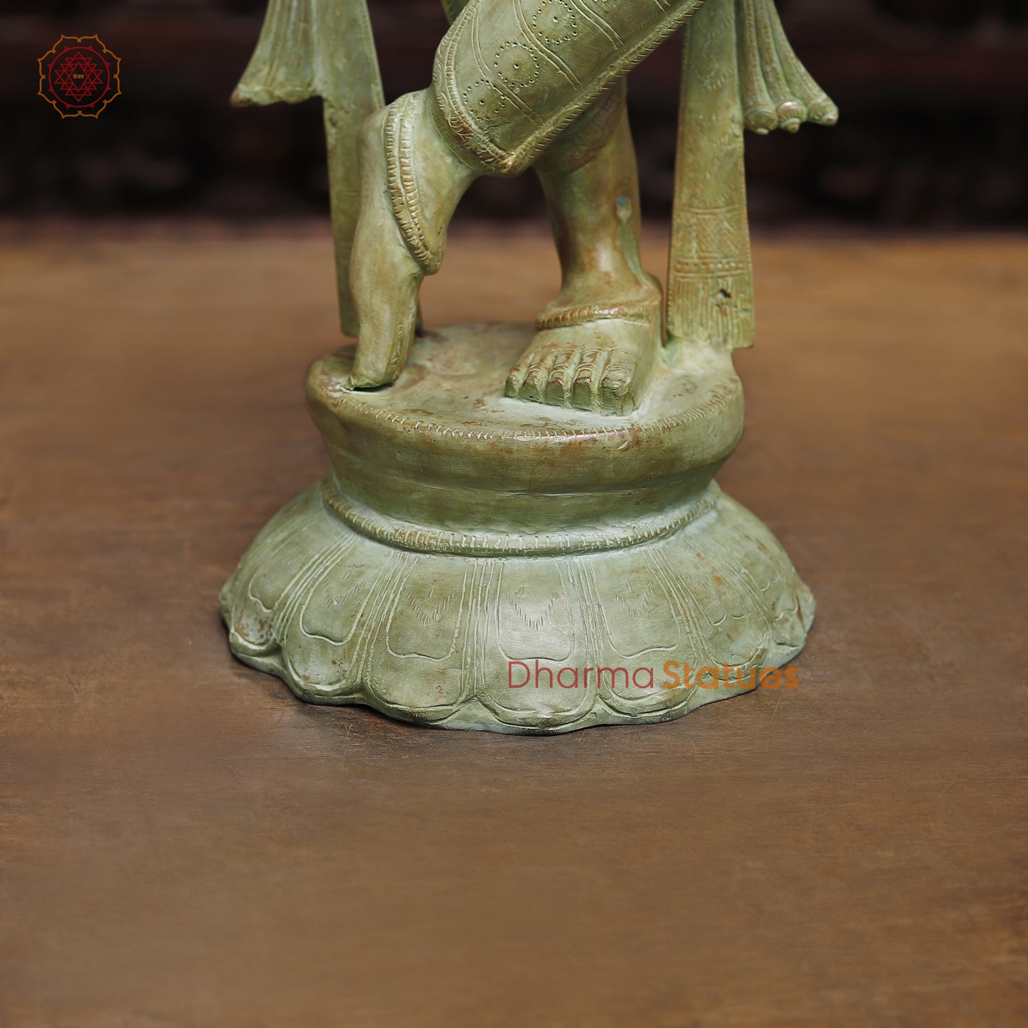 Brass Krishna Playing Flute, Antique Green Finish, 32"