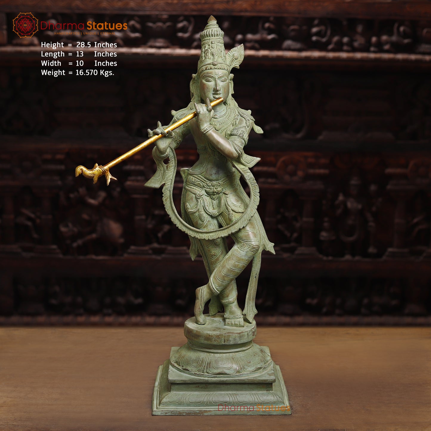 Brass Krishna Playing Flute, Antique Green Finish, 28.5"