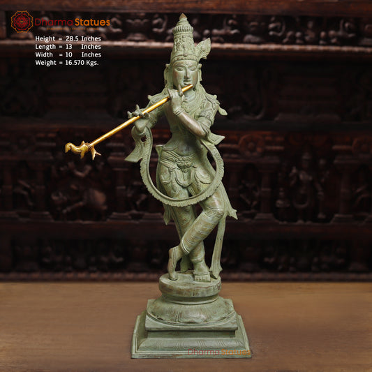 Brass Krishna Playing Flute, Antique Green Finish, 28.5"