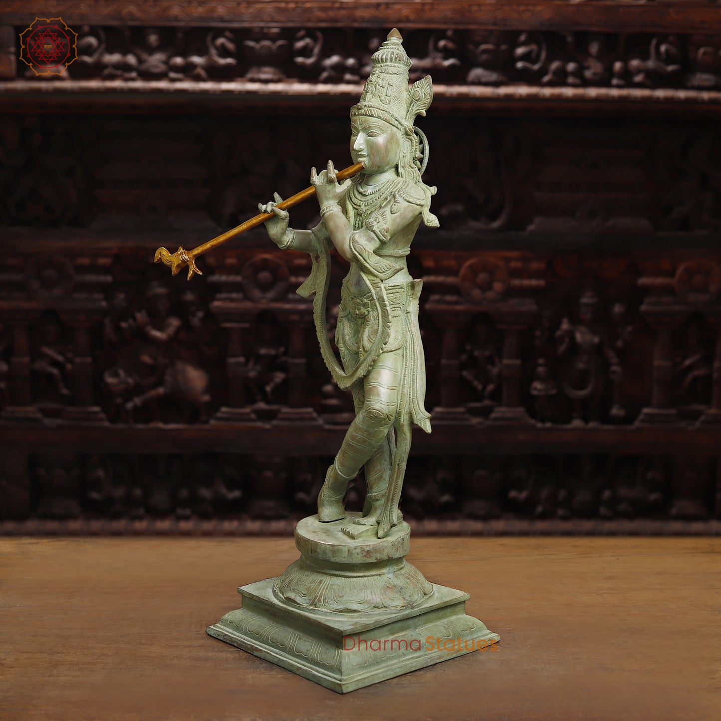 Brass Krishna Playing Flute, Antique Green Finish, 28.5"