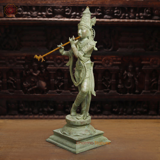 Brass Krishna Playing Flute, Antique Green Finish, 28.5"