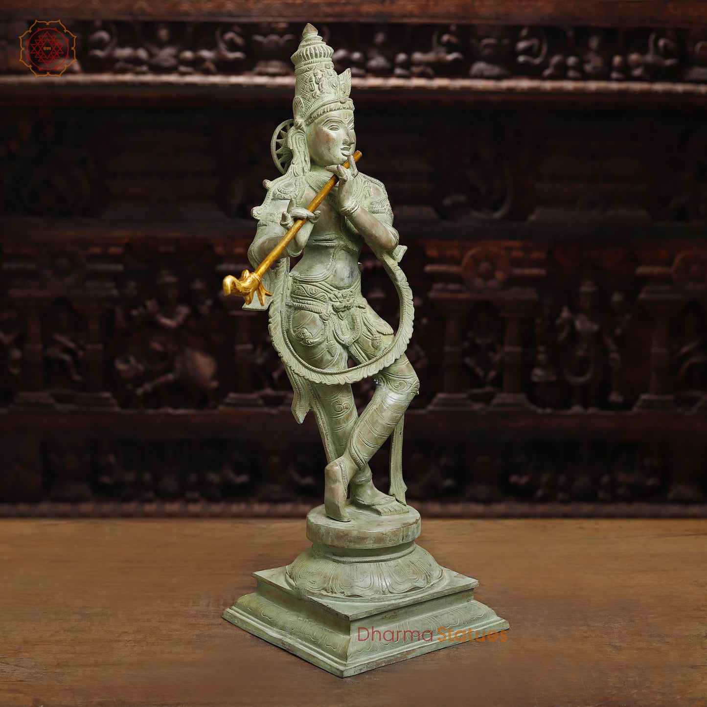 Brass Krishna Playing Flute, Antique Green Finish, 28.5"